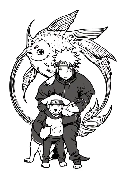 Pisces Symbol With Naruto With His Son Together And A Small Dog