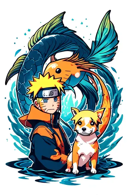 Pisces Symbol With Naruto And Boruto Together And A Small Dog