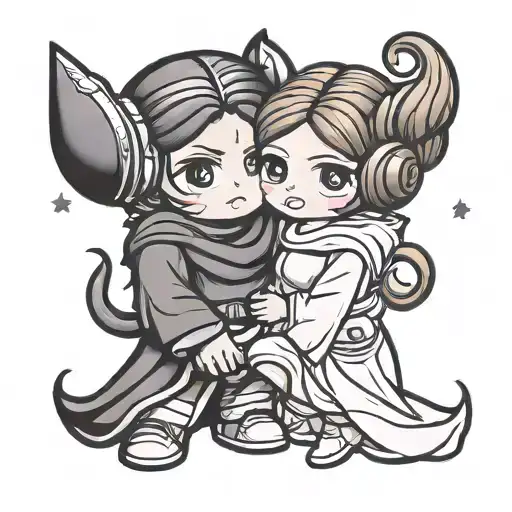 Mother And Son Chibi Style Tattoo Design Incorporating Princess Leia And Kylo Ren Hugging Each Other