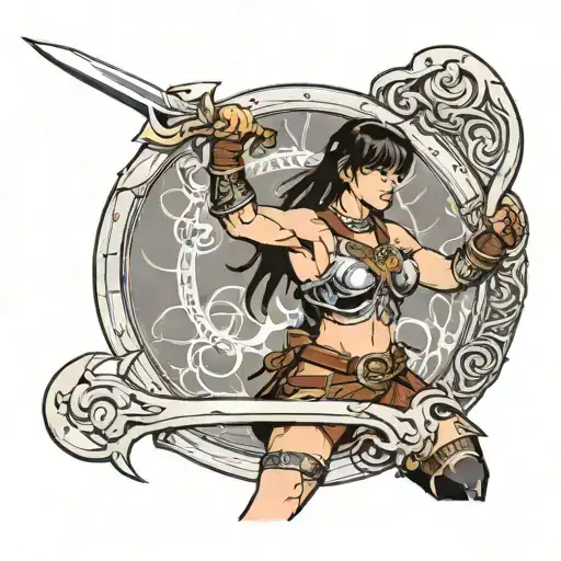 Xena Warrior Princess With Her Chakram And Sword Standing In A Fighting Position