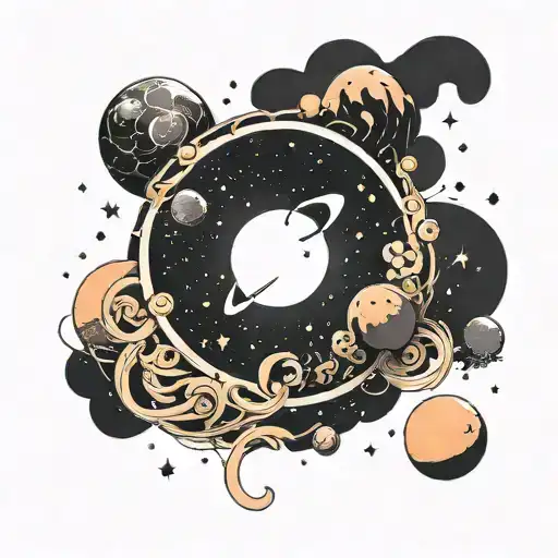 A Minimalist Tattoo Of A Crescent Moon Surrounded By A Ring Of Tiny Planets