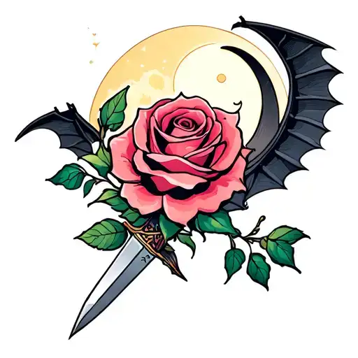 A Rose With A Dagger And Bat Wings With A Moon Crescent
