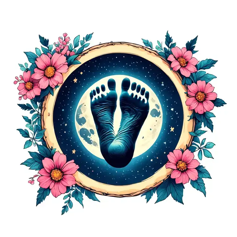 Moon And Flowers With Baby Foot Print