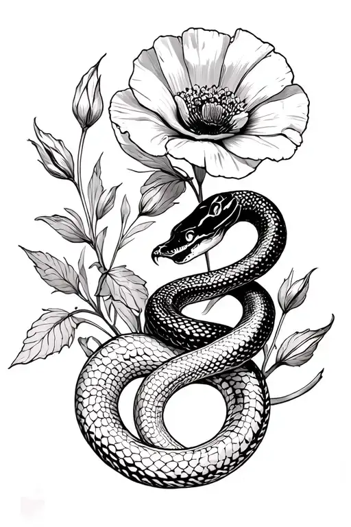 Two Snakes Black And With With Poppy Flower And Merkur