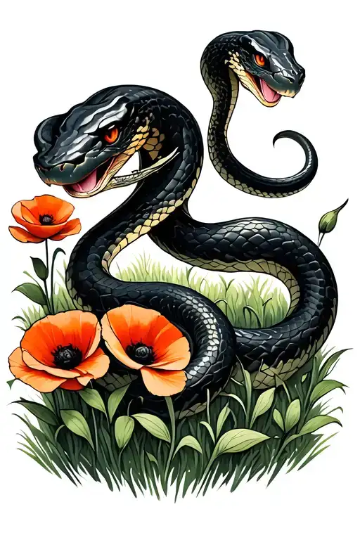 Two Snakes Black And With With Poppy Flower And Sitting In A Field
