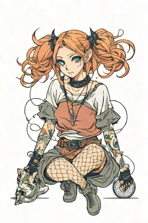 Tattooed Elven Anime Girl In A T-shirt And Fishnet Tights With Choker Necklace