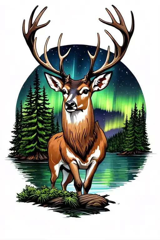 Male Deer Standing Infront Of Lake Evergreen Trees In The Back At Night With Northern Lights