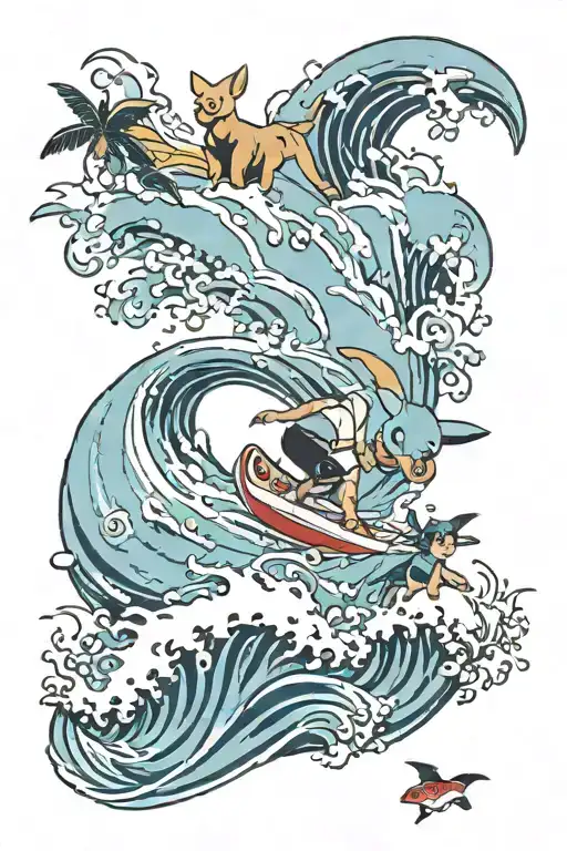 Pokemon And Surfing And Boy And Dog And Wave