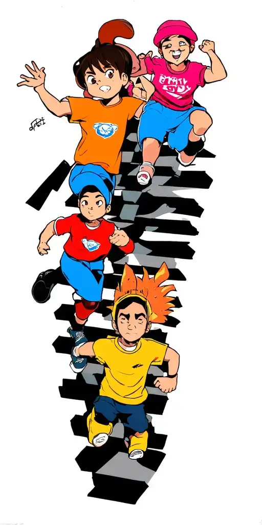 Early 2000'S Cartoon Network Characters Running Down A Checkered Set Of Stairs Down The Arm