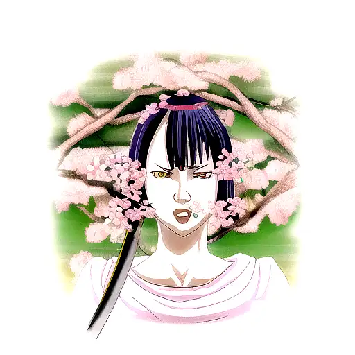 Women Face With Katana And Blossom Flowers