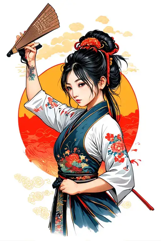 Chinese Asian Woman Martial Arts With Fans