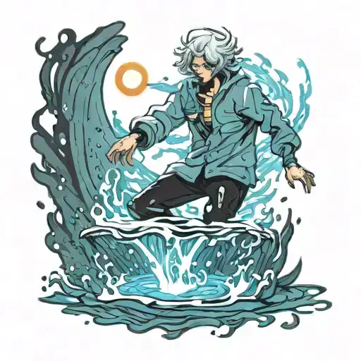 Faceless Well Built Anime Man Floating Over Water With Magic Power Flowing Around Him