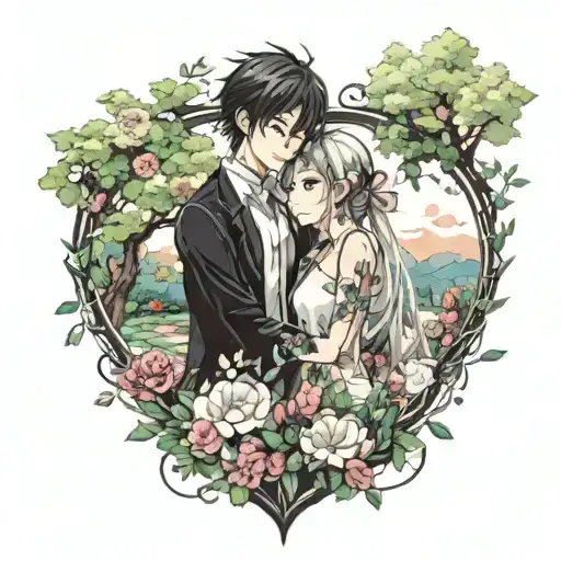 In The Blossoming Garden Of A Young Couple And Their Love Is One Heart
