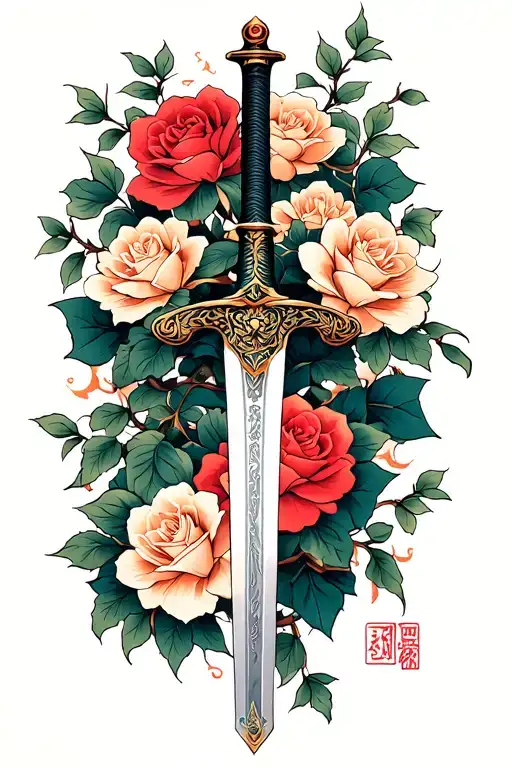 Japanese Nodachi Sword Intertwined With Roses And Vines