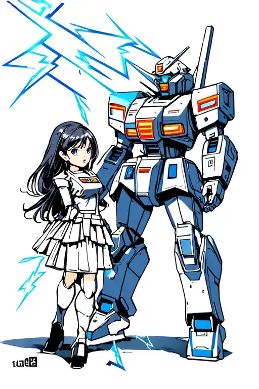 Space Girl Next To A Gundam Battling A Lightning Bolt