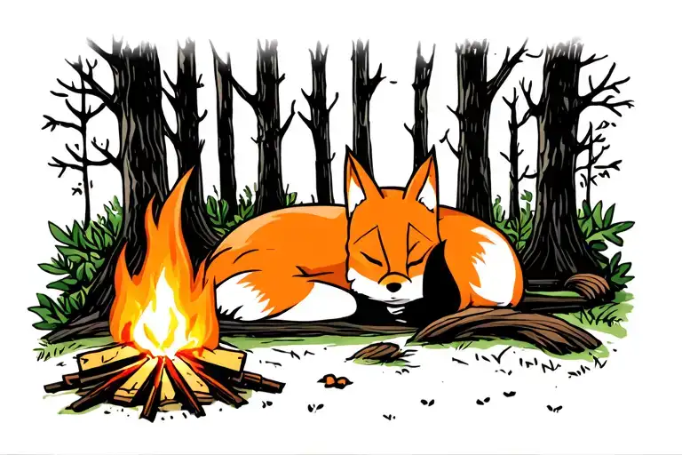 Fox Sleeping Near A Campfire In The Woods