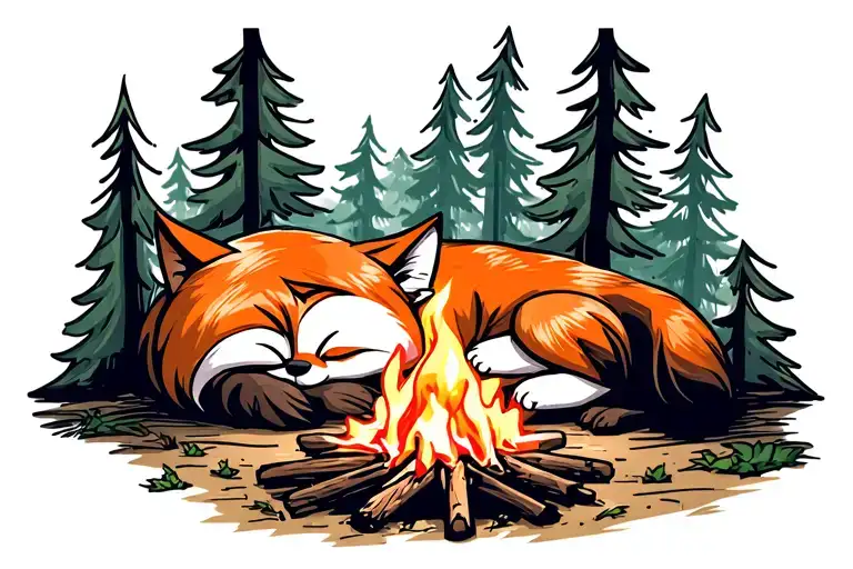 Fox Sleeping Near A Campfire In The Woods