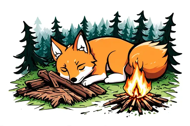 Fox Sleeping Near A Campfire In The Woods