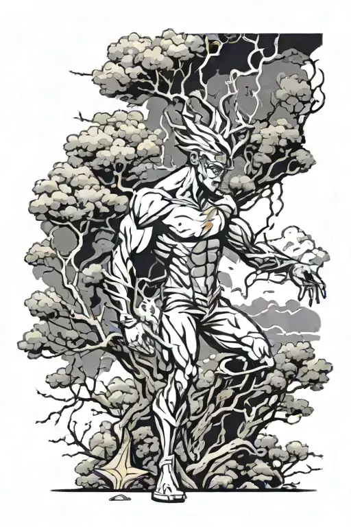 The Character Flash Standing In Front Of Minka Structure With Thunderstorm Clouds And Tree Branches