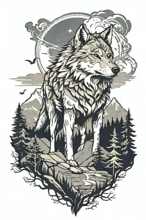 Mountain Landscape With A Wolf Face And Some Trees