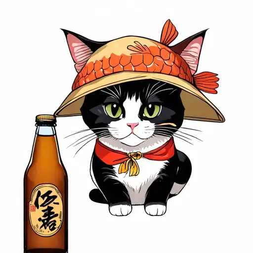Bottle Of Makgeolli With Cat Laing In Front The Bottle Wearing A Fish Hat