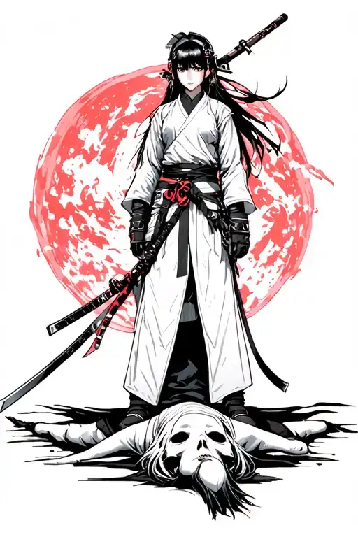 Samurai Girl Standing Over A Dead Body Cyber Style