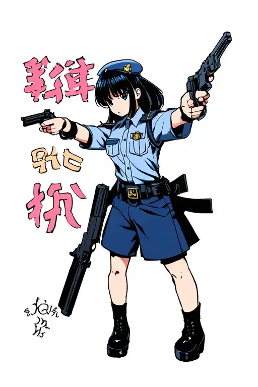 Anime Girl With Black Hair In Police Uniform Points A Gun At Me Standing Sideways