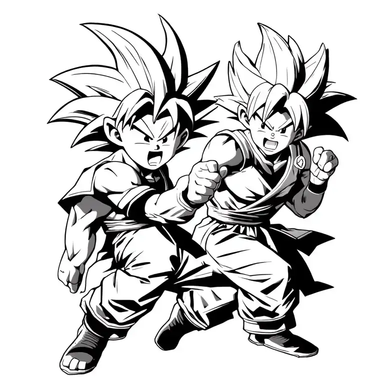 Son Goku Super Sayajin And Kid Goku Fight Pose Surrounded