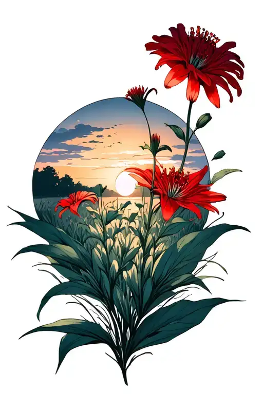 Red Spider Lily Field Durning Sunset