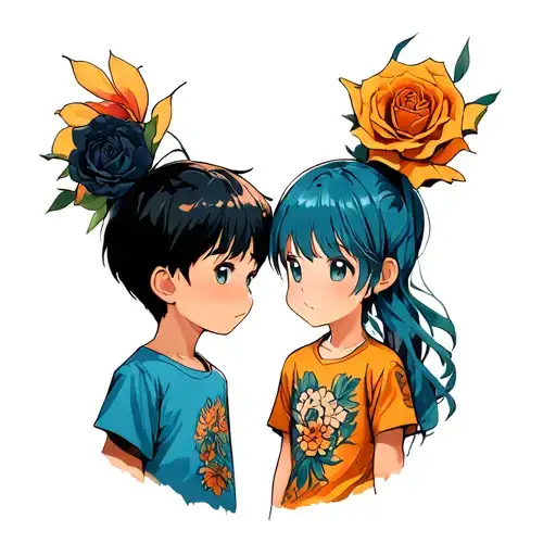 Small Brother And Sister Front Of Each Other