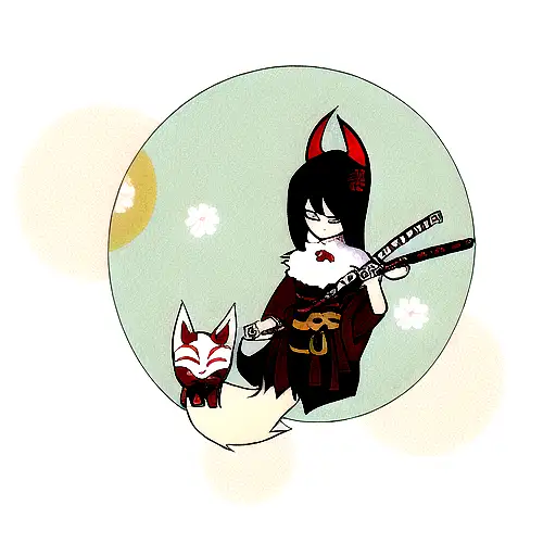 Geisha With Fox Mask Holding Katana