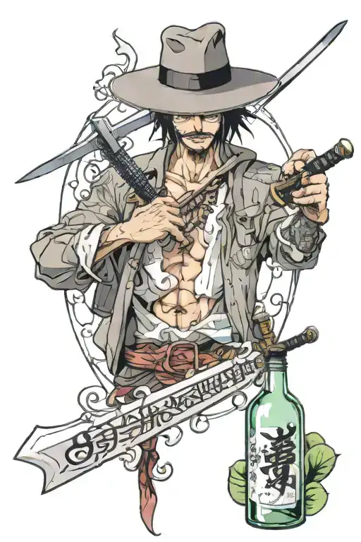 A Man With A Large Sword In A Panama Hat And With A Bottle Of Sake