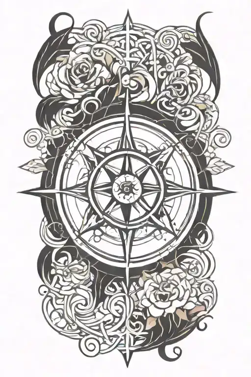 A Traditional Style Tattoo Of A Compass Rose Text 'Preeya'