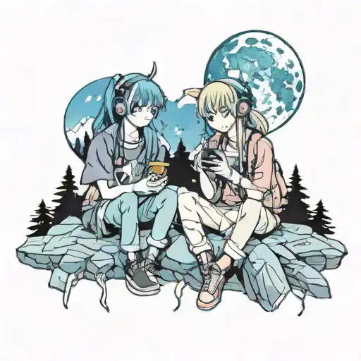 Two Best Friends Listening To Music At Full Moon Night On A Small Mountain