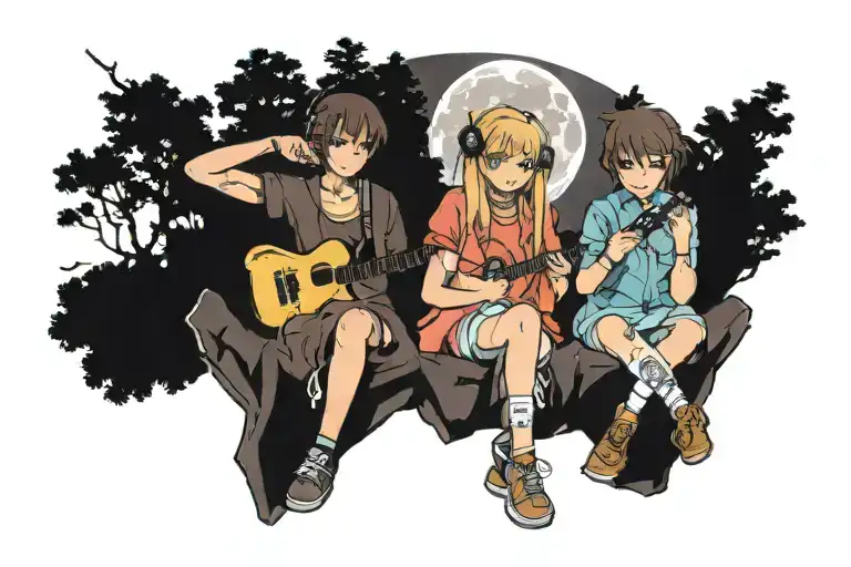 Two Best Friends Listening To Music At Full Moon Night On A Small Mountain