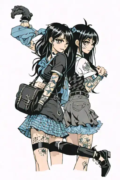 Skinny Goth Girl Standing Back To Back With A Fat Preppy Girl