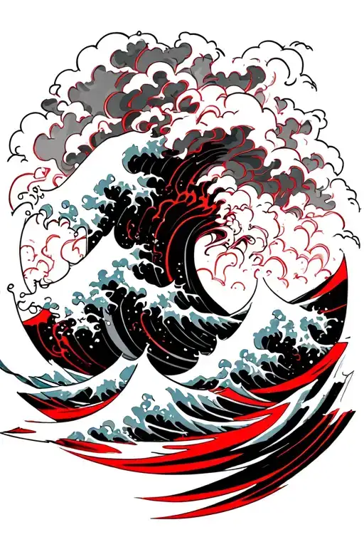 Black And Red Japanese Style Waves With A Storm Happening