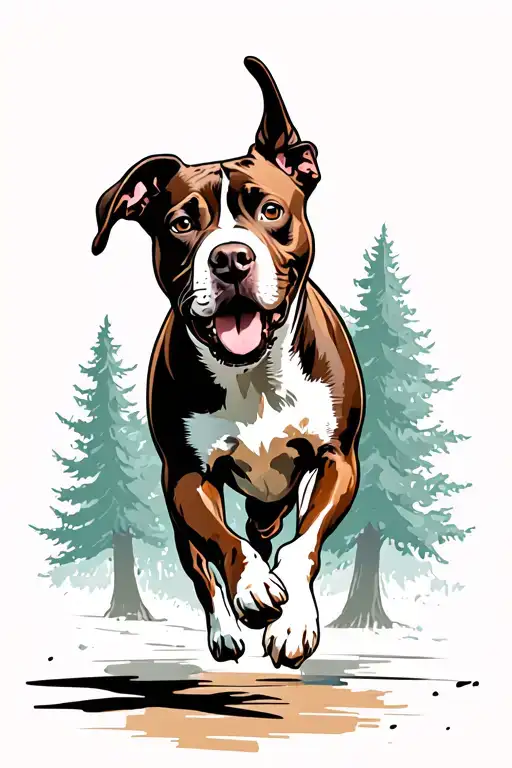 Staffy Dog Running With Trees In The Background