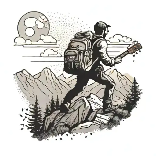 A Dotwork Tattoo Of A Hiker Climbing A Mountain With A Guitar On Their Back