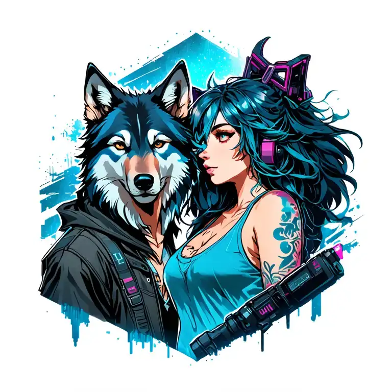 David And Lucy From Cyberpunk With A Wolf Frame