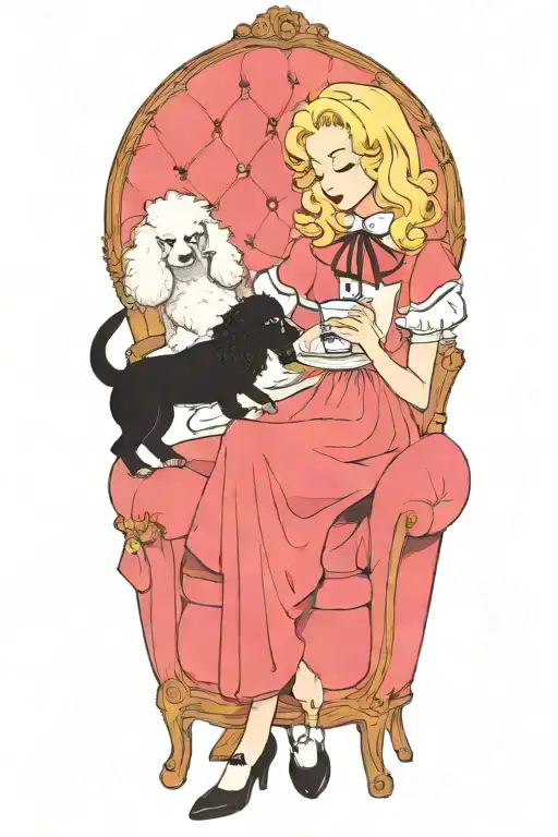 Alice In Wonderland Reading A Book With A Cup Of Coffee And A Poodle Dog