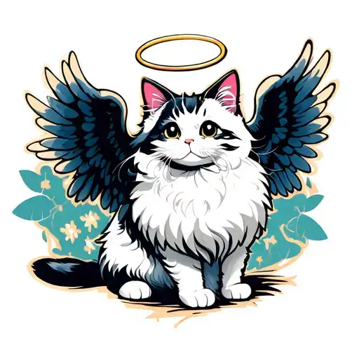White Fluffy Cat With Angel Wings And Halo In Asian Style
