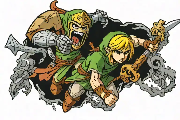 Link From Zelda Fighting A Demon Head From Doom Video Game