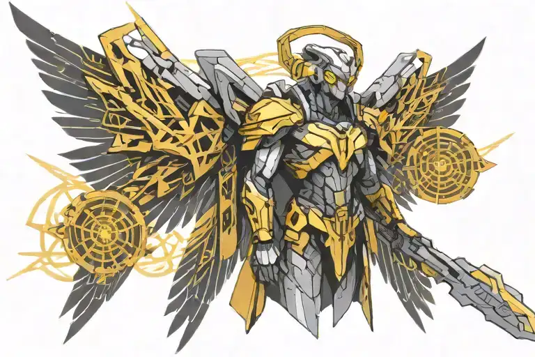 Cyberpunk Tyreal Angel Holding Warhammer With Wings Of Light With Digital Geometric Bacground