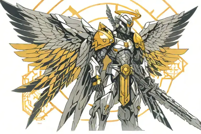 Cyberpunk Tyreal Angel Holding Warhammer With Wings Of Light With Digital Geometric Bacground