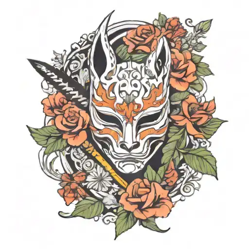 Mask Of Kitsune With Katana And Roses Mayflowers Hibiscus