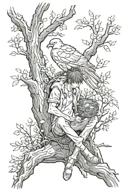 A Man Sitting Without A Heart With A Nest In Place Next To A Tree