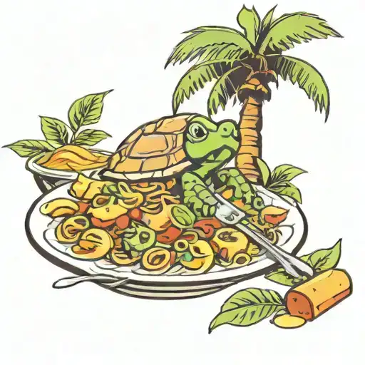 A Turtle Eating A Plate Of Rigatoni Under A Palm Tree
