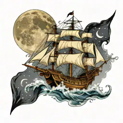 Pirate Ship Sailing With Full Moon