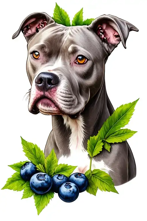 A Grey Pitbull Portrait Style Tattoo With Blueberries And Leaves Around